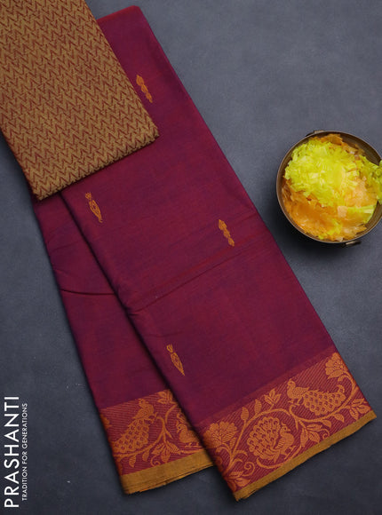 Chettinad cotton saree dual shade of maroonish purple and mustard yellow with thread woven buttas and thread woven border