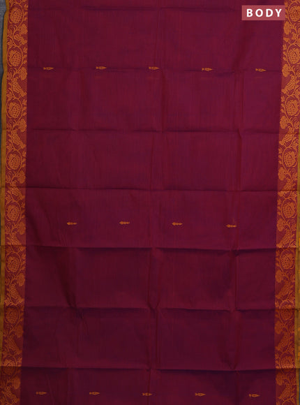 Chettinad cotton saree dual shade of maroonish purple and mustard yellow with thread woven buttas and thread woven border