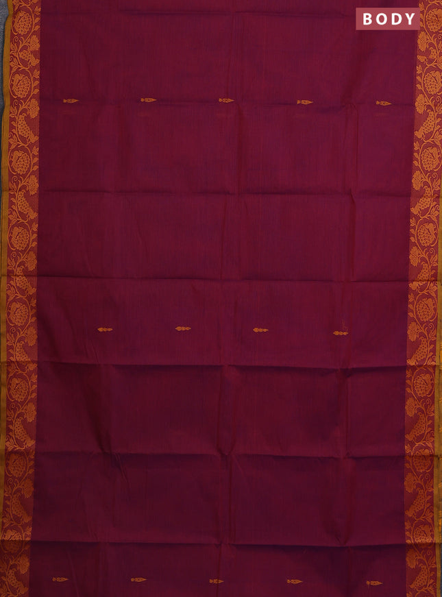 Chettinad cotton saree dual shade of maroonish purple and mustard yellow with thread woven buttas and thread woven border