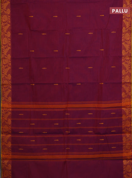 Chettinad cotton saree dual shade of maroonish purple and mustard yellow with thread woven buttas and thread woven border