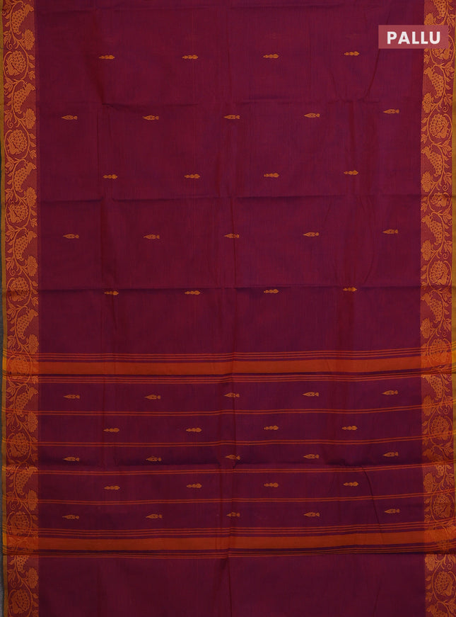 Chettinad cotton saree dual shade of maroonish purple and mustard yellow with thread woven buttas and thread woven border