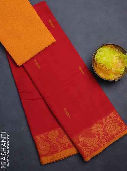 Chettinad cotton saree red and mustard yellow with thread woven buttas and thread woven border