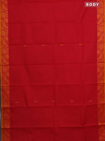 Chettinad cotton saree red and mustard yellow with thread woven buttas and thread woven border