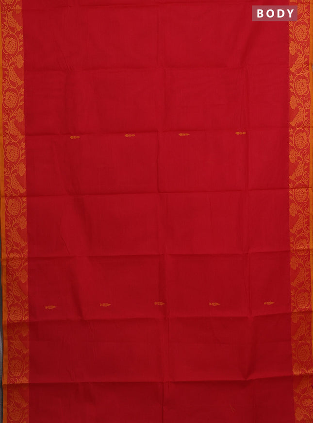 Chettinad cotton saree red and mustard yellow with thread woven buttas and thread woven border