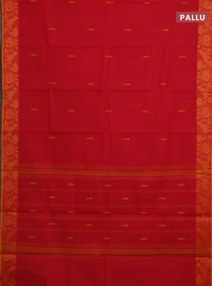 Chettinad cotton saree red and mustard yellow with thread woven buttas and thread woven border