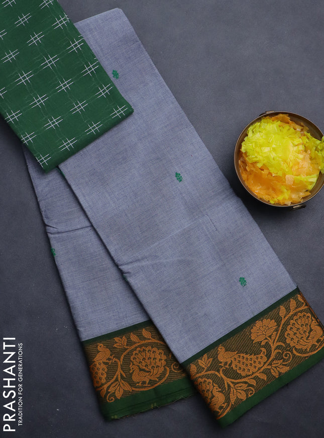 Chettinad cotton saree grey and green with thread woven buttas and thread woven border