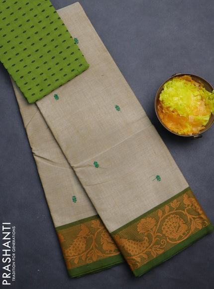 Chettinad cotton saree beige and green with thread woven buttas and thread woven border