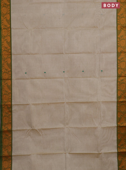Chettinad cotton saree beige and green with thread woven buttas and thread woven border