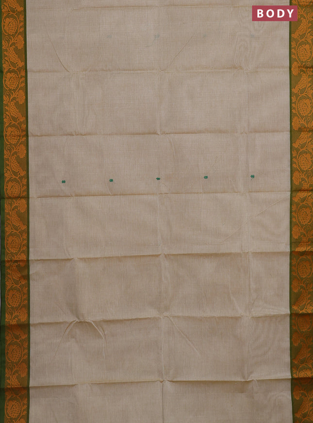 Chettinad cotton saree beige and green with thread woven buttas and thread woven border