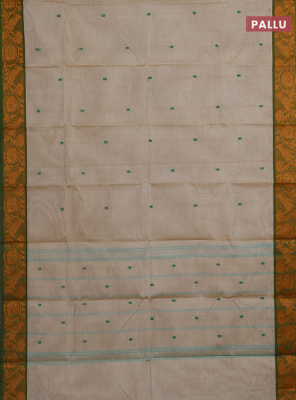 Chettinad cotton saree beige and green with thread woven buttas and thread woven border