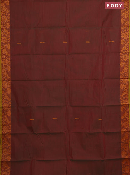 Chettinad cotton saree dual shade of manthulir green and mustard green with thread woven buttas and thread woven border