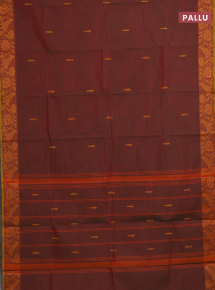 Chettinad cotton saree dual shade of manthulir green and mustard green with thread woven buttas and thread woven border