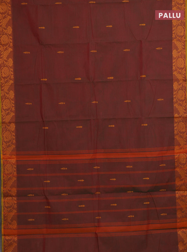 Chettinad cotton saree dual shade of manthulir green and mustard green with thread woven buttas and thread woven border