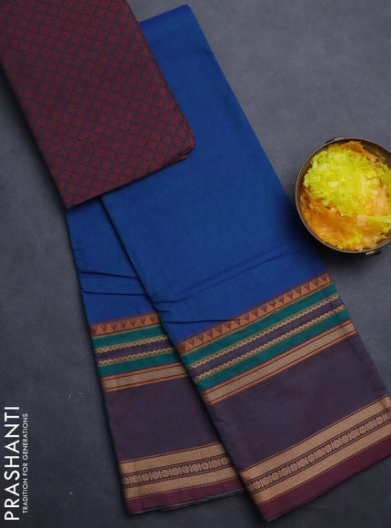 Chettinad cotton saree cs blue and rust shade with plain body and long rettapet thread woven border