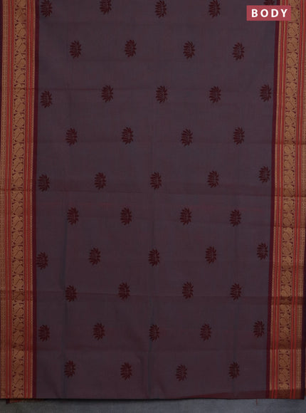 Chettinad cotton saree dual shade of bluish maroon and maroon with floral butta prints and thread woven border