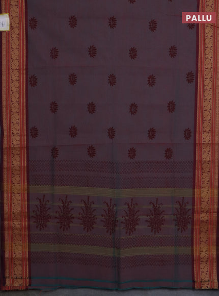 Chettinad cotton saree dual shade of bluish maroon and maroon with floral butta prints and thread woven border