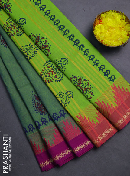 Chettinad cotton saree dual shade of green and purple with butta prints and temple design thread woven border