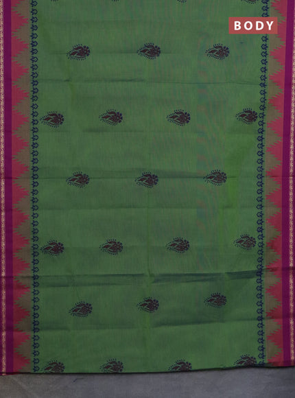 Chettinad cotton saree dual shade of green and purple with butta prints and temple design thread woven border