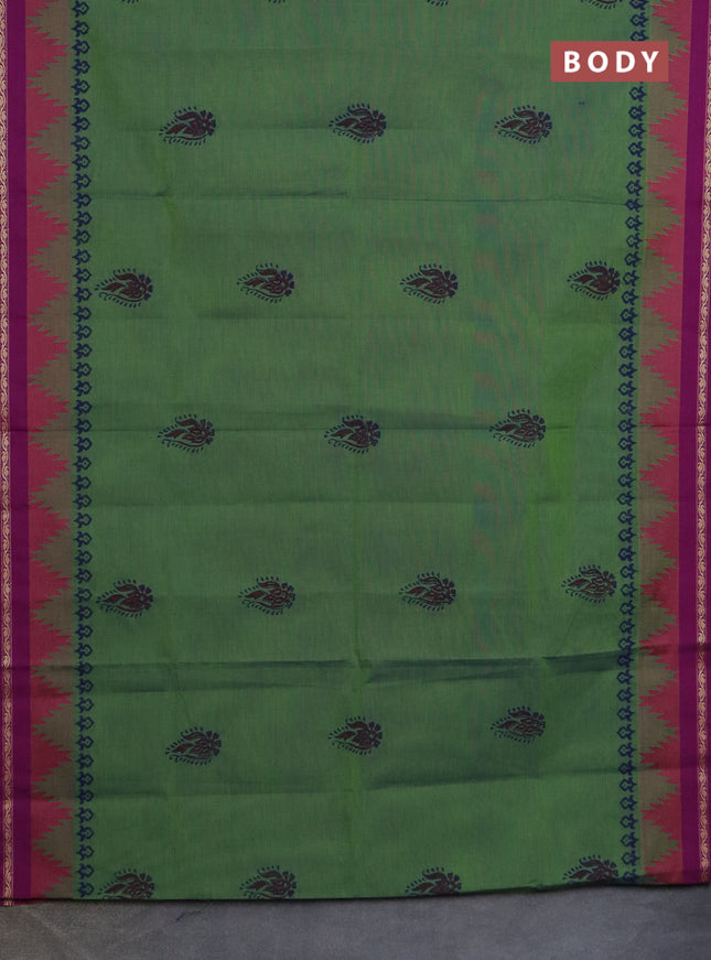 Chettinad cotton saree dual shade of green and purple with butta prints and temple design thread woven border