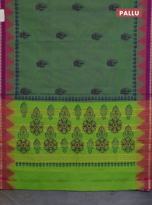 Chettinad cotton saree dual shade of green and purple with butta prints and temple design thread woven border