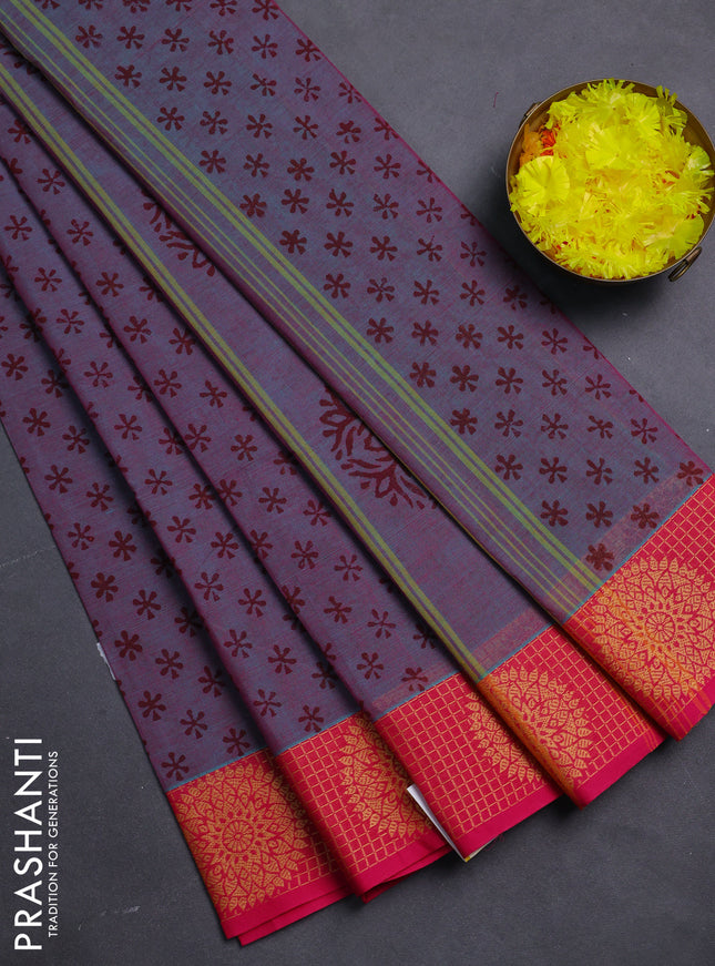 Chettinad cotton saree dual shade of bluish pink and pink with allover butta prints and thread woven border
