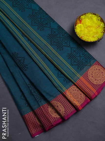 Chettinad cotton saree peacock green and purple with allover prints and thread woven border