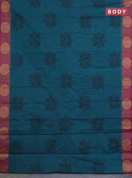 Chettinad cotton saree peacock green and purple with allover prints and thread woven border