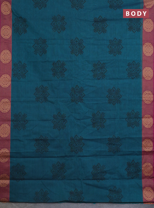 Chettinad cotton saree peacock green and purple with allover prints and thread woven border