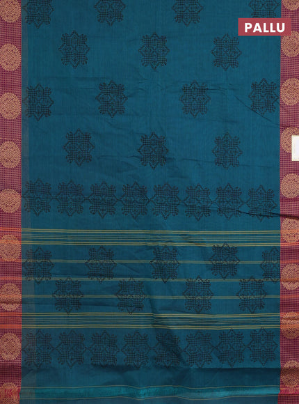 Chettinad cotton saree peacock green and purple with allover prints and thread woven border