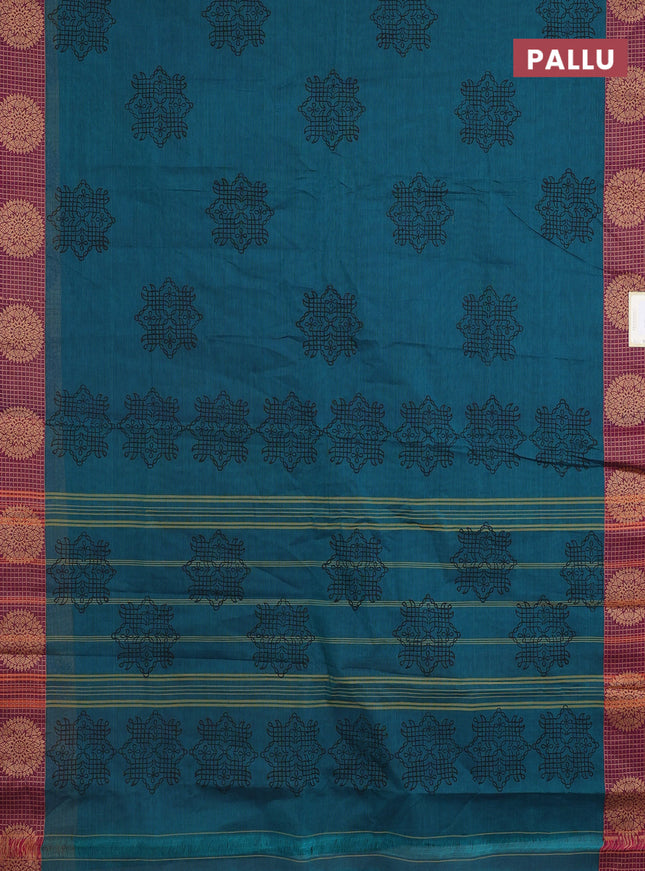 Chettinad cotton saree peacock green and purple with allover prints and thread woven border
