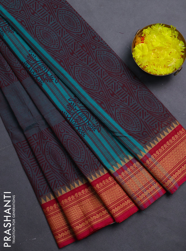 Chettinad cotton saree dual shade of peacock blue and pink with allover prints and thread woven border