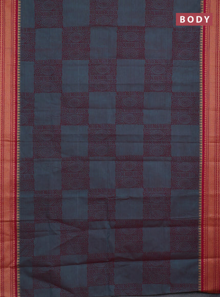 Chettinad cotton saree dual shade of peacock blue and pink with allover prints and thread woven border