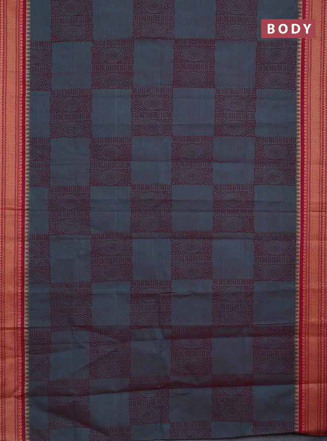 Chettinad cotton saree dual shade of peacock blue and pink with allover prints and thread woven border