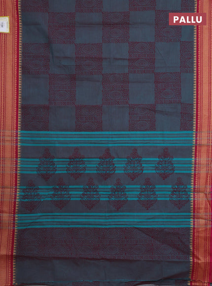 Chettinad cotton saree dual shade of peacock blue and pink with allover prints and thread woven border
