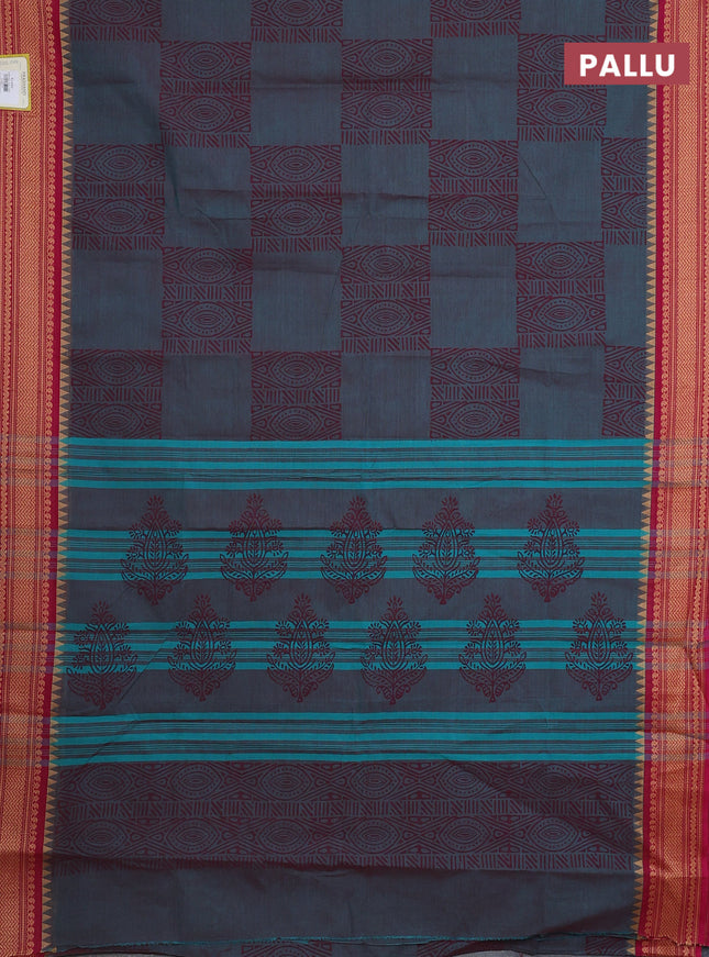 Chettinad cotton saree dual shade of peacock blue and pink with allover prints and thread woven border