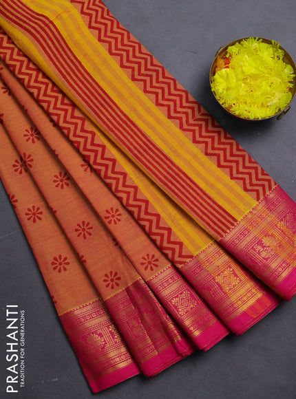 Chettinad cotton saree dual shade of yellowish pink and pink with allover butta prints and zari woven border