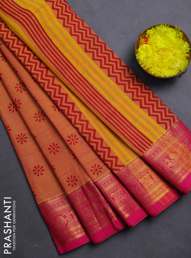 Chettinad cotton saree dual shade of yellowish pink and pink with allover butta prints and zari woven border