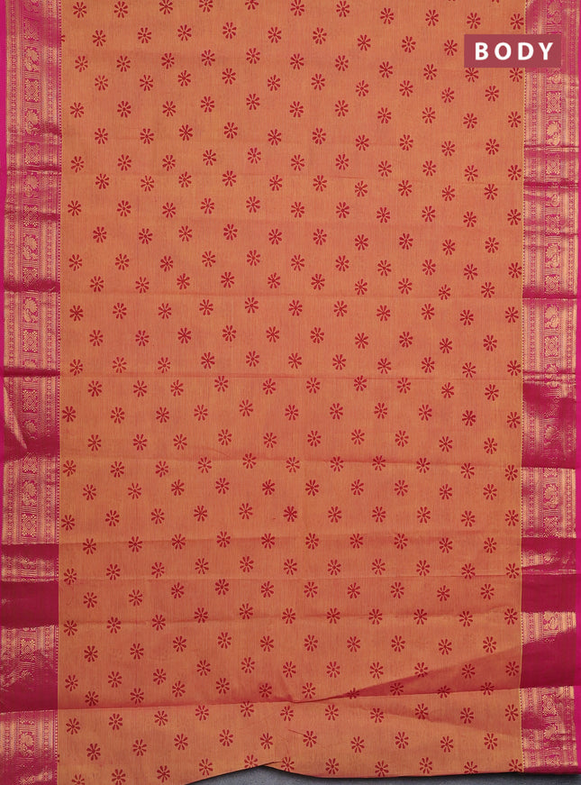 Chettinad cotton saree dual shade of yellowish pink and pink with allover butta prints and zari woven border