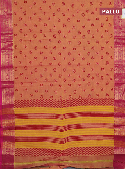 Chettinad cotton saree dual shade of yellowish pink and pink with allover butta prints and zari woven border