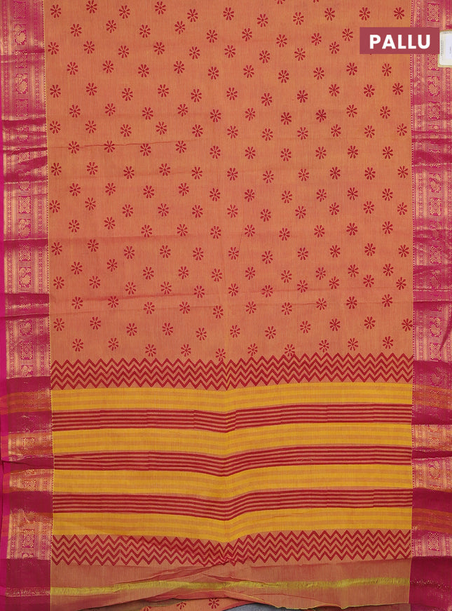 Chettinad cotton saree dual shade of yellowish pink and pink with allover butta prints and zari woven border
