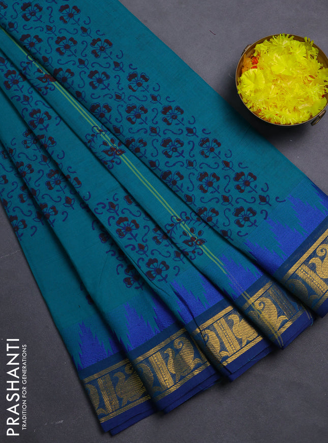 Chettinad cotton saree teal green and blue with allover prints and temple design zari woven border