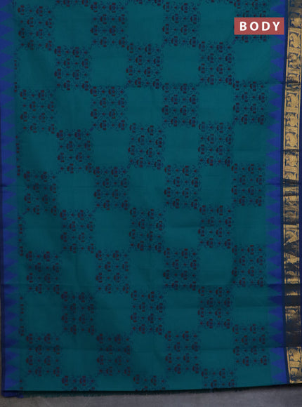 Chettinad cotton saree teal green and blue with allover prints and temple design zari woven border