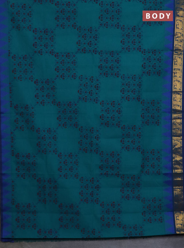 Chettinad cotton saree teal green and blue with allover prints and temple design zari woven border