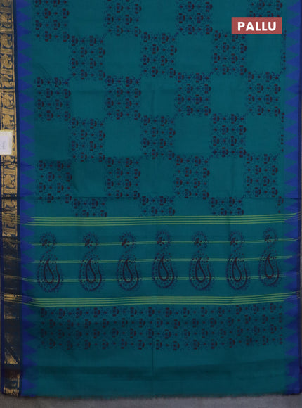 Chettinad cotton saree teal green and blue with allover prints and temple design zari woven border