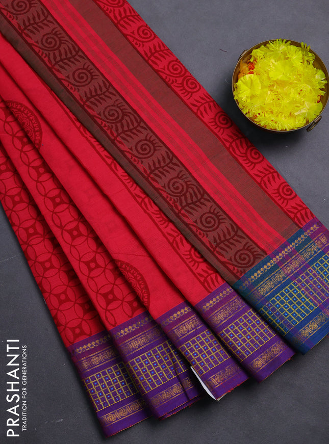 Chettinad cotton saree pink and purple with allover prints and thread & zari woven border