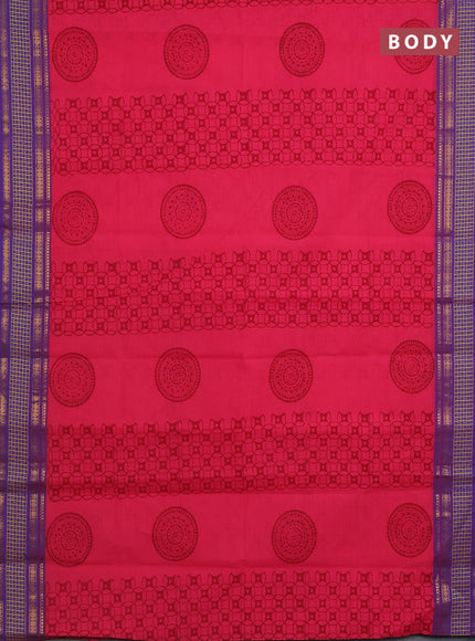 Chettinad cotton saree pink and purple with allover prints and thread & zari woven border