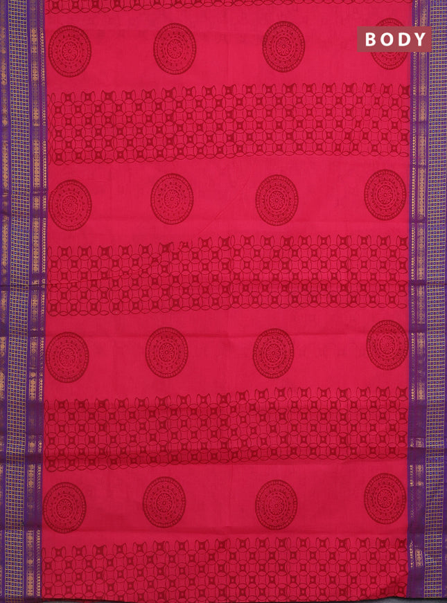 Chettinad cotton saree pink and purple with allover prints and thread & zari woven border