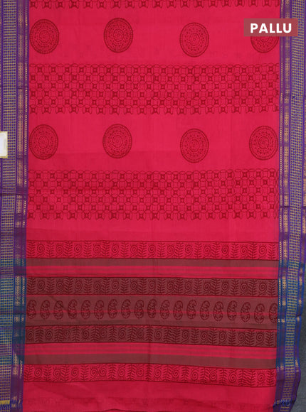 Chettinad cotton saree pink and purple with allover prints and thread & zari woven border