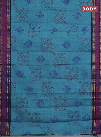 Chettinad cotton saree blue shade and navy blue with allover prints and thread & zari woven border
