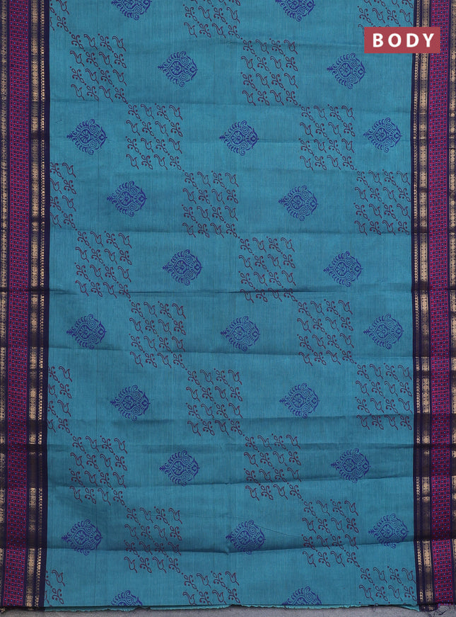 Chettinad cotton saree blue shade and navy blue with allover prints and thread & zari woven border